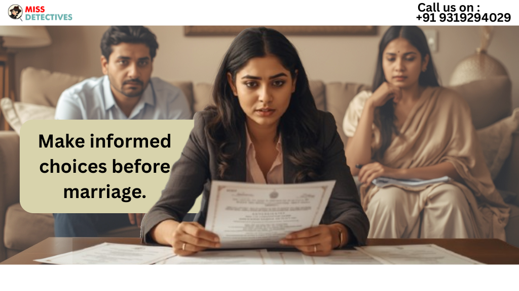 Family using an Indian female detective for personal history verification services in Mumbai to confirm a prospective groom’s background.