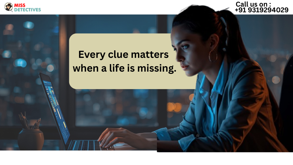 Female private detective for missing person in Mumbai analyzing case evidence.