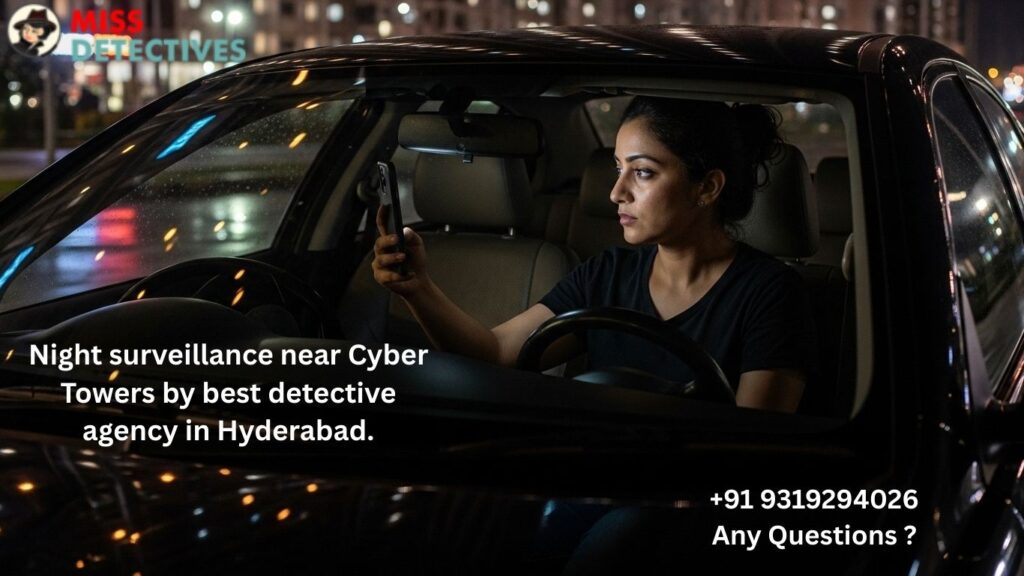 Female detective observing Cyber Towers at night – best detective agency in Hyderabad