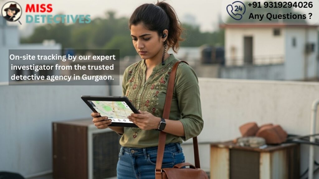 Indian female field investigator tracking a location on a tablet during an outdoor operation for a trusted detective agency in Gurgaon.