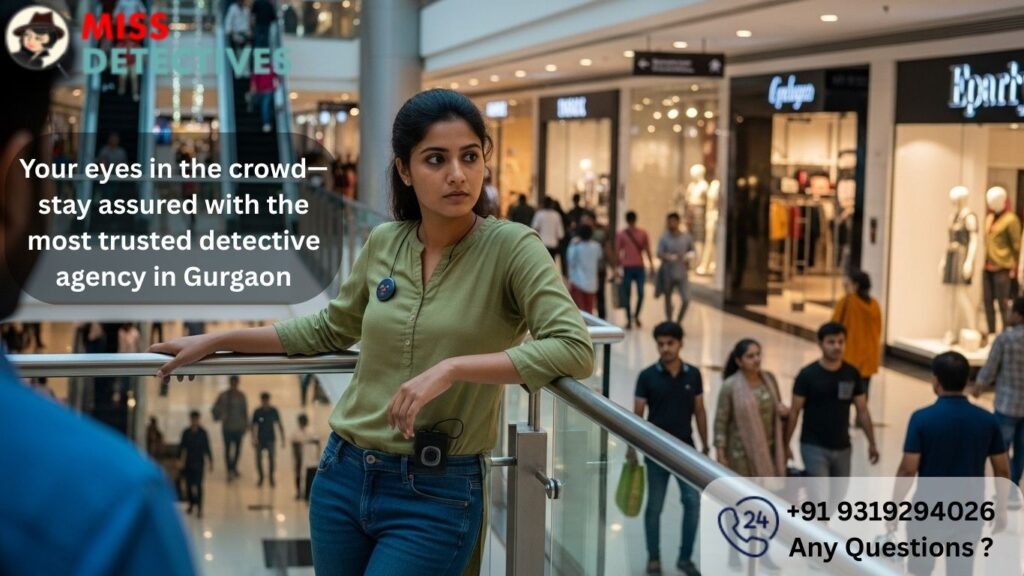 A woman in a green top leaning on a railing inside a modern, crowded mall, appearing focused and observant, symbolizing the vigilance and professionalism of a trusted detective agency in Gurgaon.