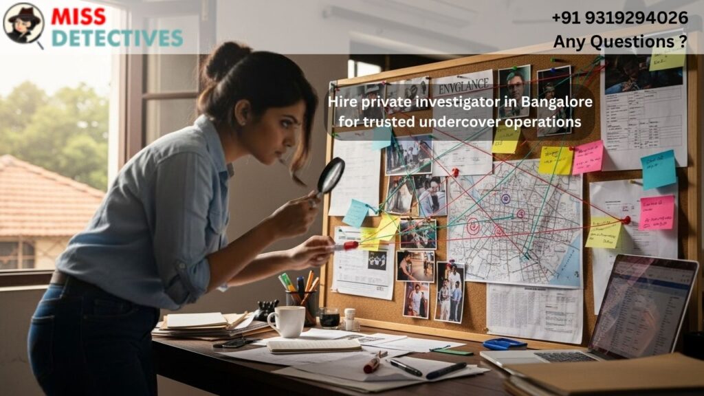 Hire private investigator in Bangalore analyzing evidence in a detective lab