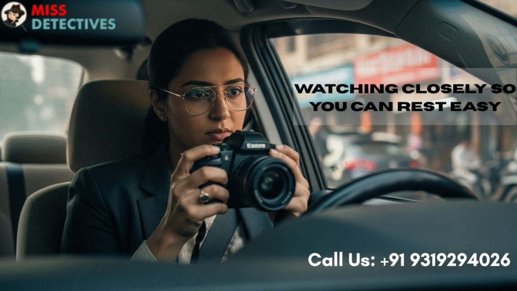 A focused female investigator sitting in a car, holding a professional camera during a surveillance operation on a busy city street — representing a private detective agency in Delhi known for discreet and reliable investigation services .