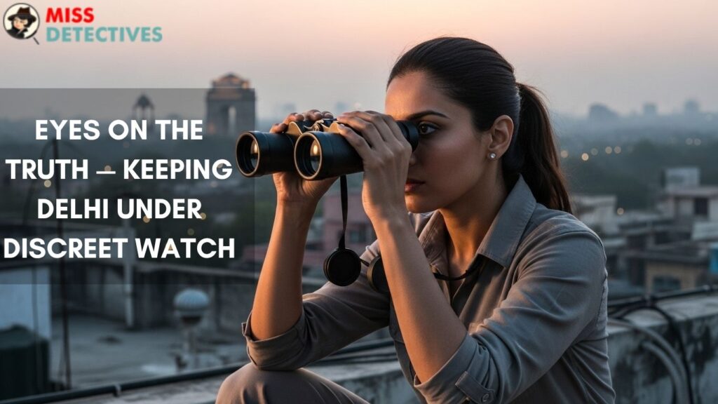 Female investigator from a private detective agency in Delhi conducting discreet rooftop surveillance to uncover hidden truths .