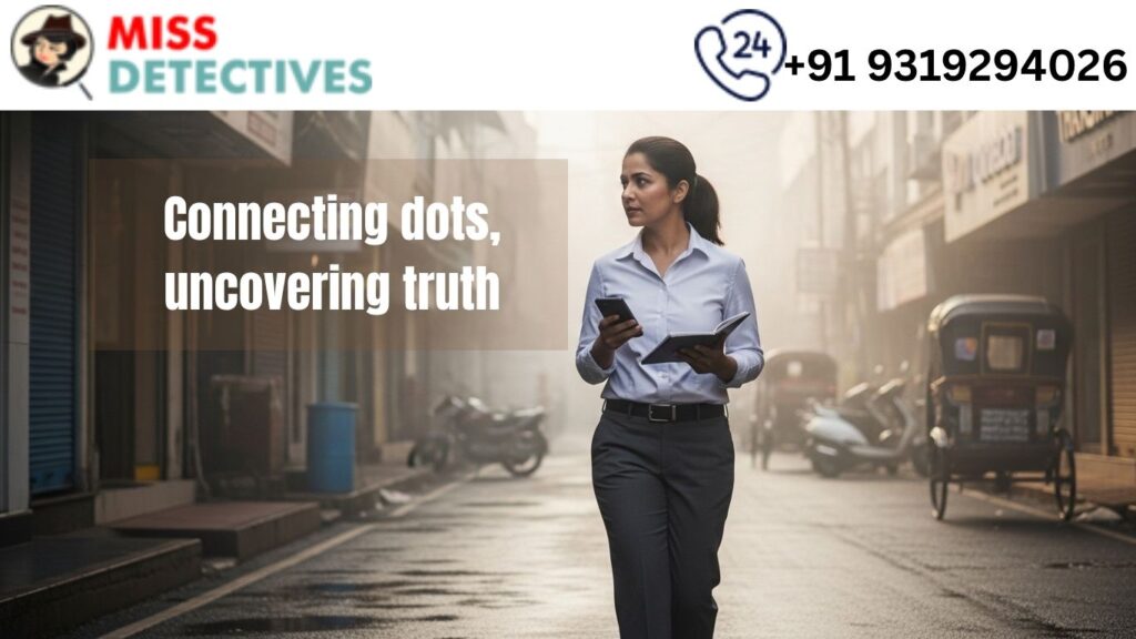 Miss Detectives team conducting a Missing Person Investigation Bangalore, with a professional female investigator walking through city streets to uncover the truth.