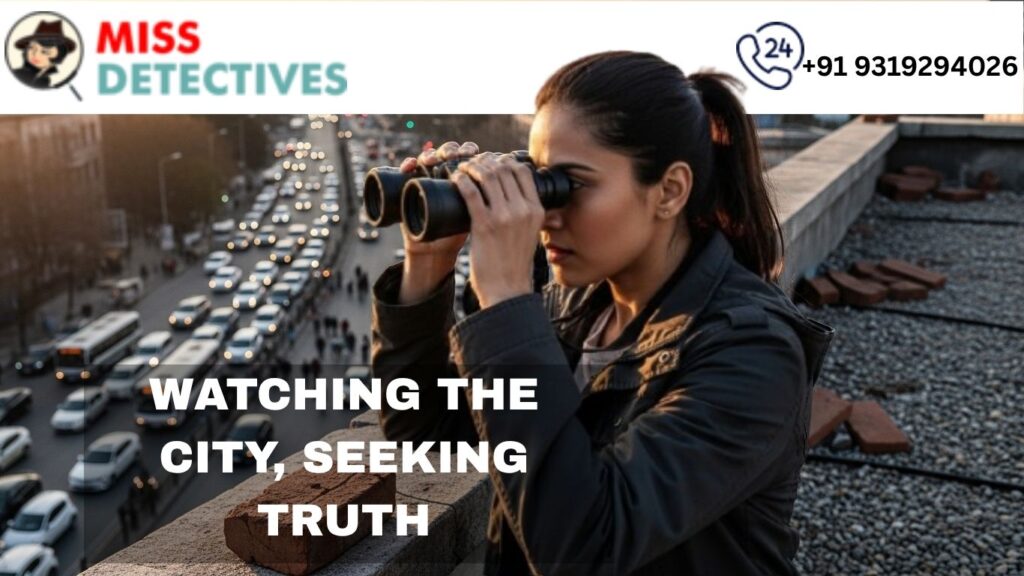 Private investigator using binoculars during Missing Person Investigation Bangalore