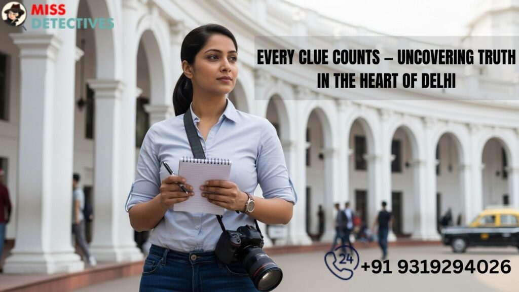 Professional Indian female investigator from a private detective agency in Delhi holding a notepad and camera near Connaught Place, uncovering truth with confidence .
