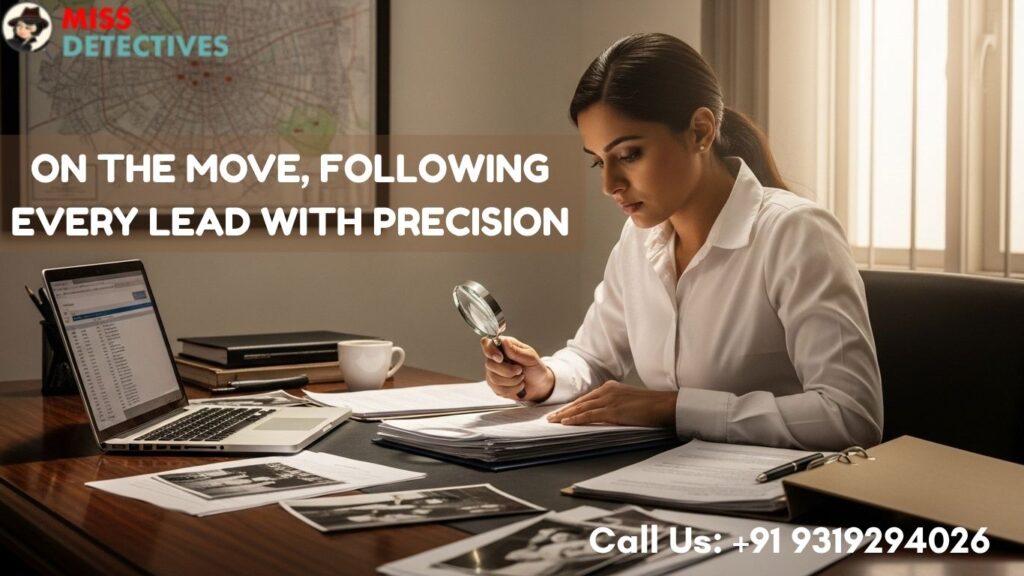 Focused Indian female investigator from a private detective agency in Delhi analyzing documents with a magnifying glass in a modern office for case investigation .