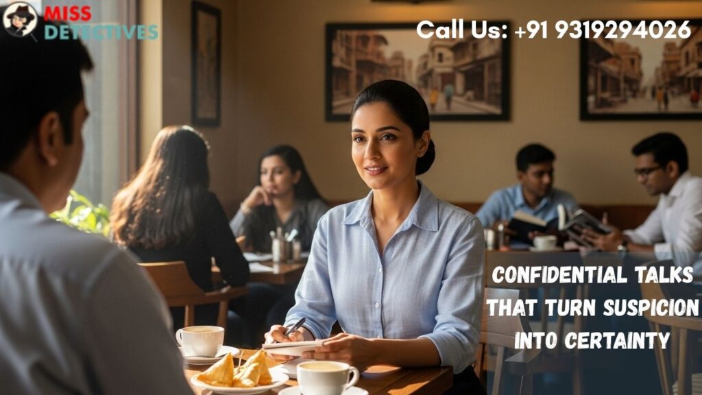 Professional female investigator from a private detective agency in Delhi meeting a client for confidential case discussion in a café setting .
