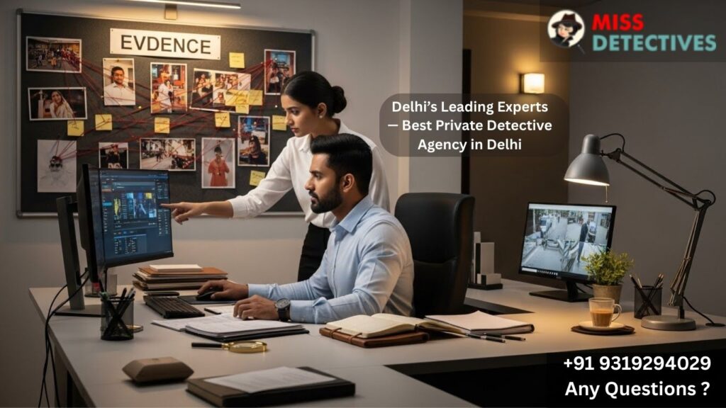 Team of detectives planning an investigation at the Best private detective agency in Delhi