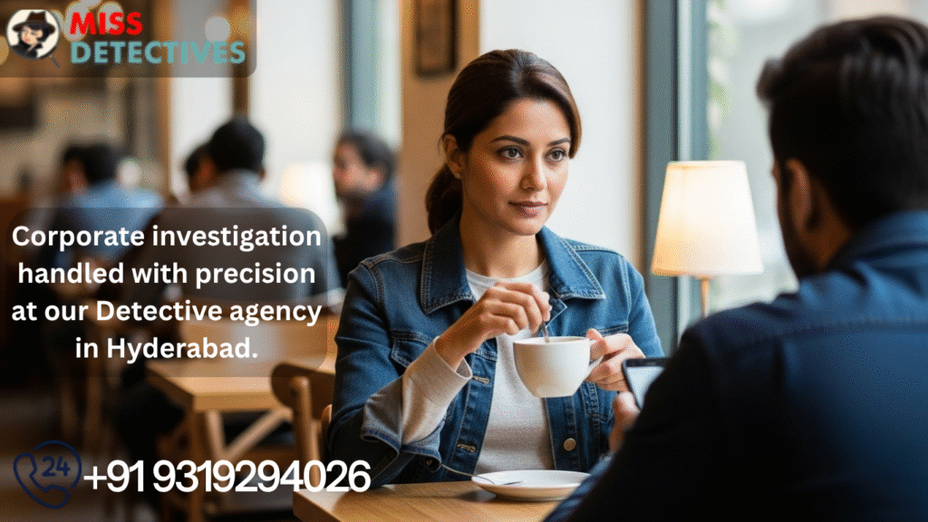 Indian female detective undercover in a café monitoring a suspect for a Top Detective Agency in Hyderabad.