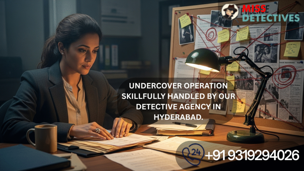 Indian woman detective studying documents and evidence on a table at a Top Detective Agency in Hyderabad.