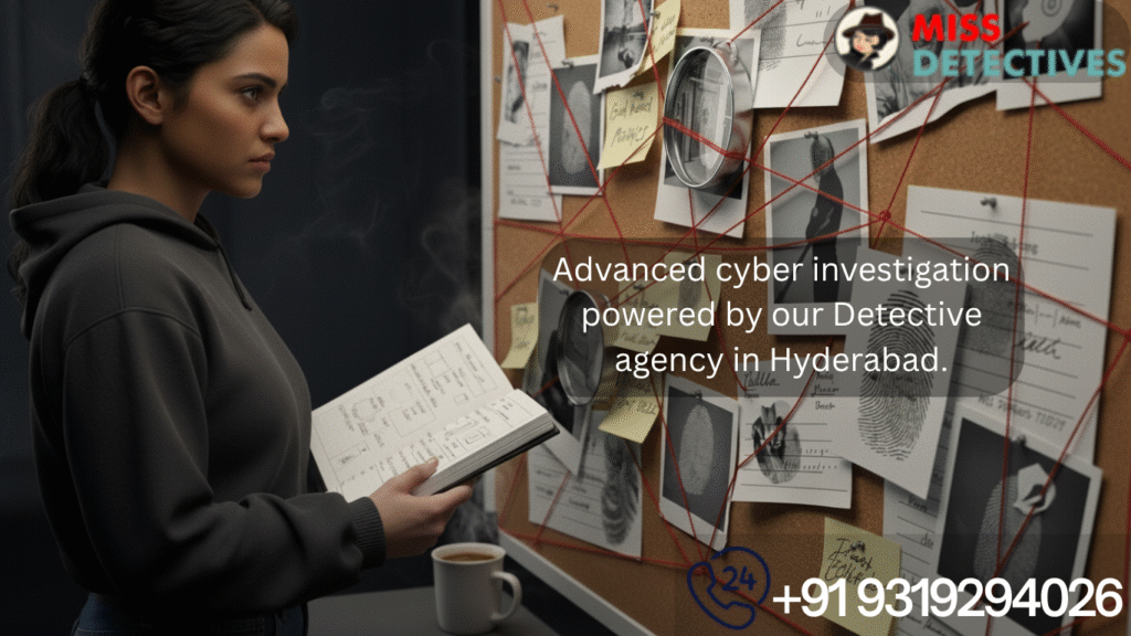 Close-up shot of an investigation evidence board with photos and notes used by a Top Detective Agency in Hyderabad.