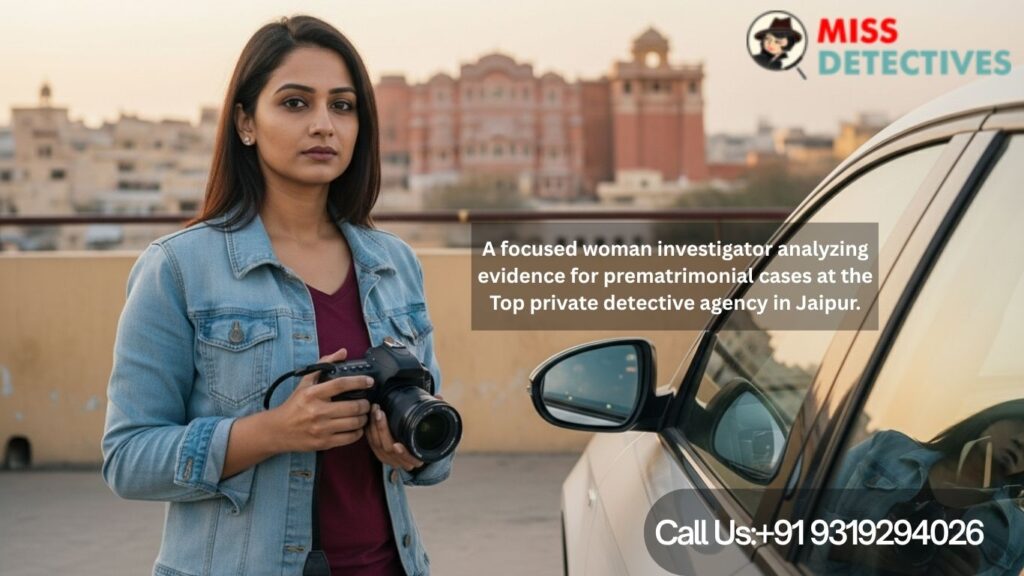 Indian female private investigator with DSLR camera inside a parked car during surveillance in Jaipur streets, working for the Top private detective agency in Jaipur.