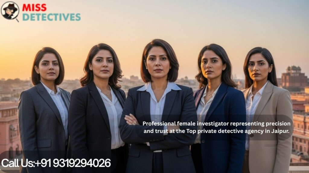 Group of Indian women detectives standing confidently before Jaipur skyline, symbolizing empowerment and expertise at the Top private detective agency in Jaipur.