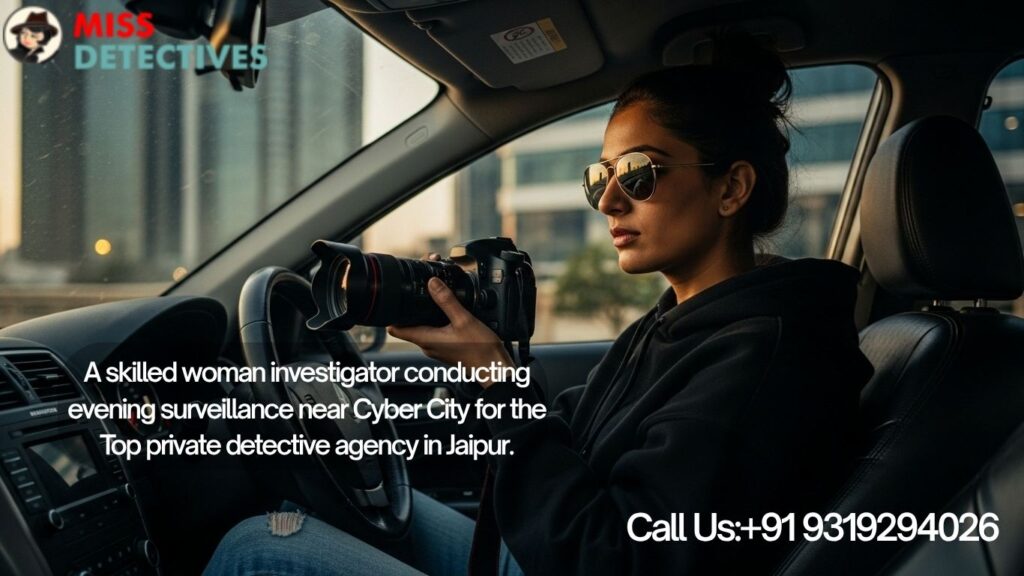 Indian woman private detective in a black blazer holding a camera with Jaipur skyline behind her, evening golden hour, representing the Top private detective agency in Jaipur.
