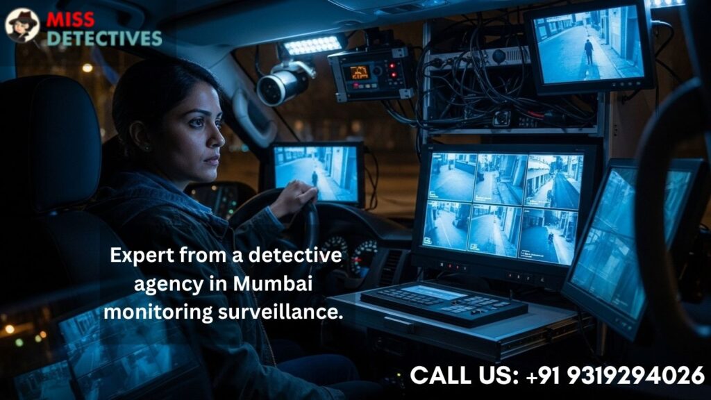 Female detective tracking case in van, detective agency in Mumbai.