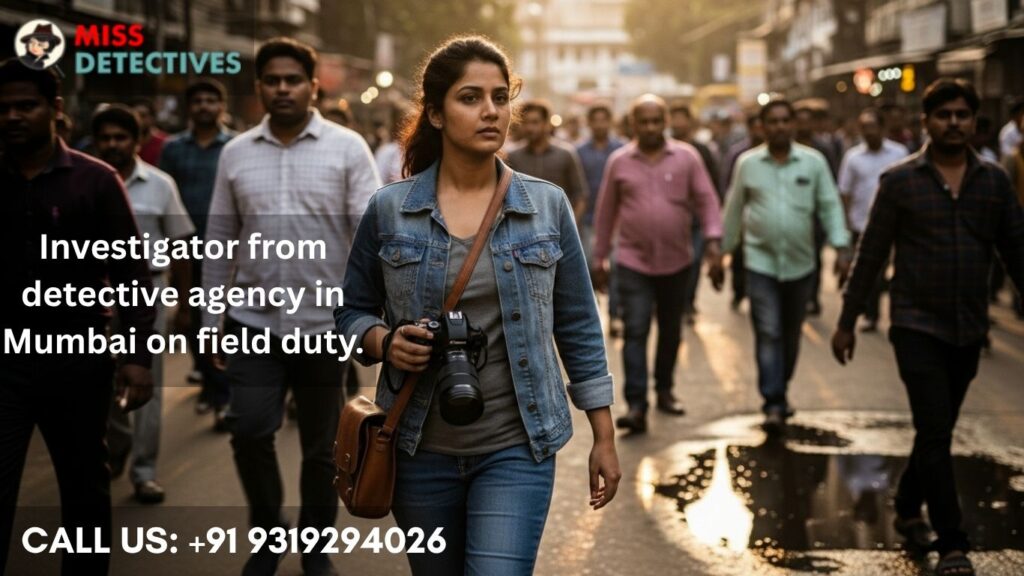 Female detective taking photos in crowd, detective agency in Mumbai.