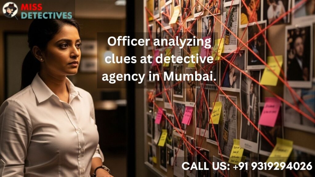 Investigator studying crime board, detective agency in Mumbai.