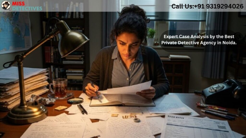 Female investigator reviewing confidential documents for the Best private detective agency in Noida.