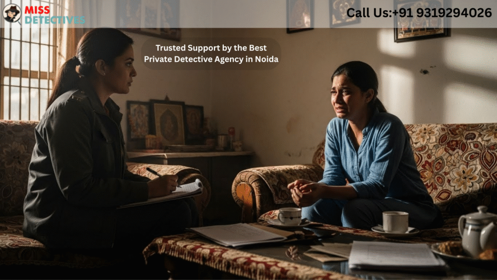 Female investigator helping client at the Best private detective agency in Noida.