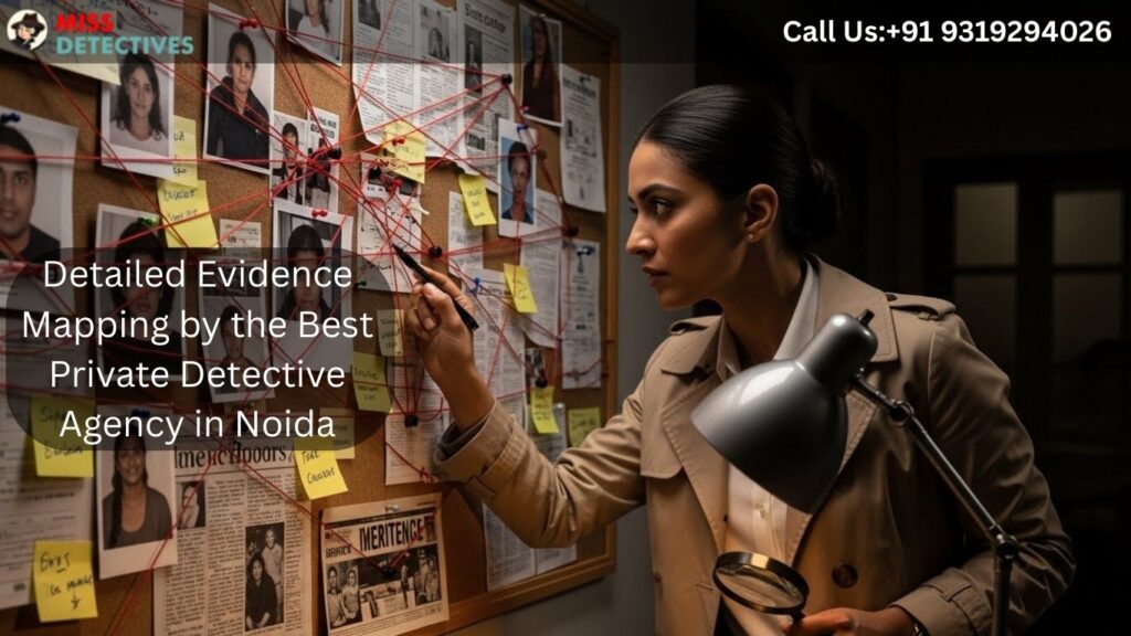Female detective analyzing an investigation board for the Best private detective agency in Noida.