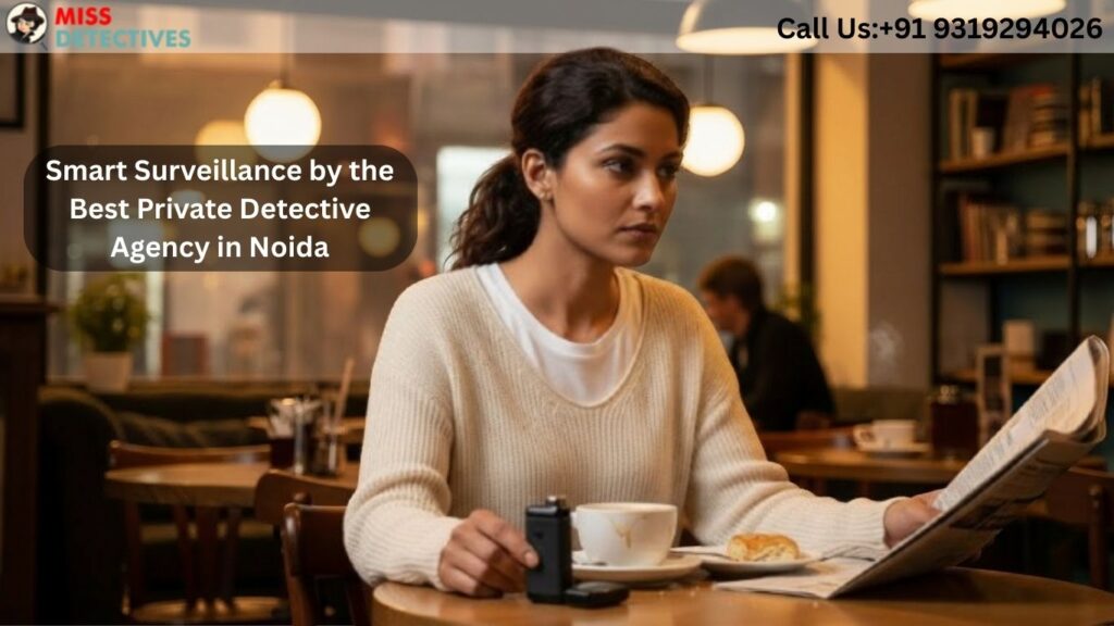 Female detective on undercover surveillance for the Best private detective agency in Noida.