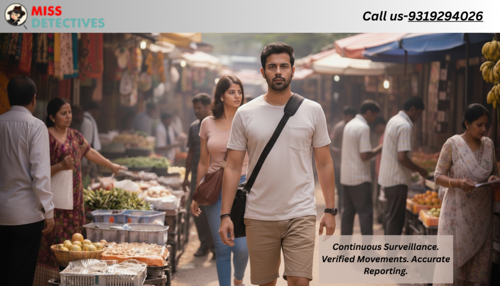 Private investigator in Bangalore conducting continuous surveillance in busy marketplace, tracking verified movements with accurate reporting.