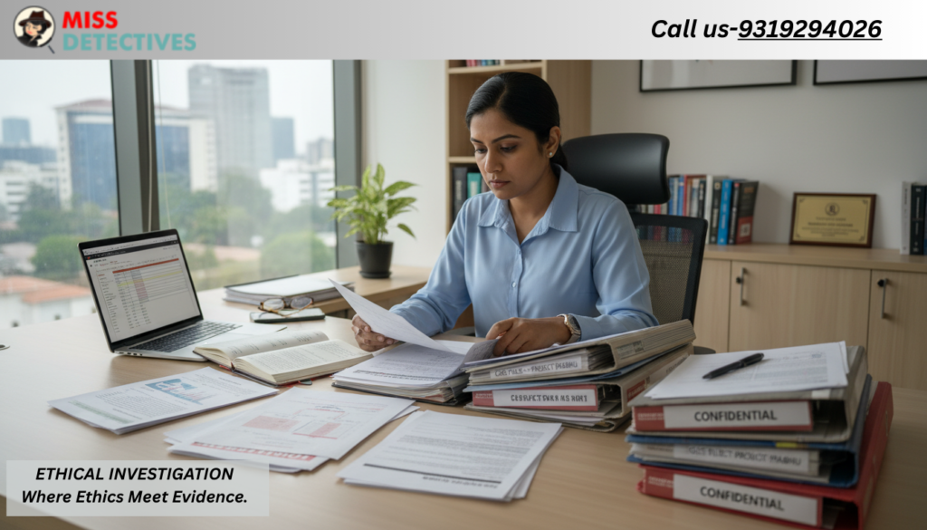 Professional female investigator reviewing confidential documents in office setting for ethical investigation services, Miss Detectives agency.