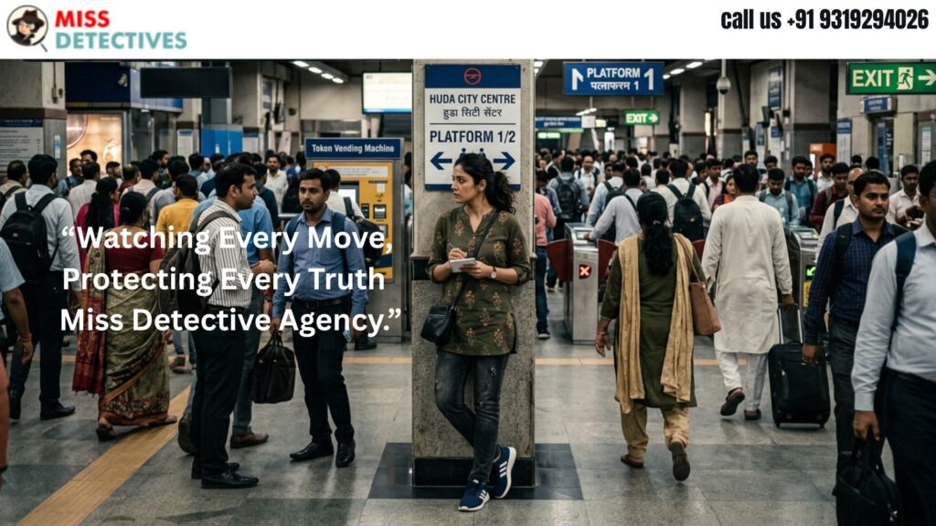 Indian female private detective observing commuters discreetly inside HUDA City Centre metro station in Gurgaon while conducting surveillance for Miss Detective Agency.
