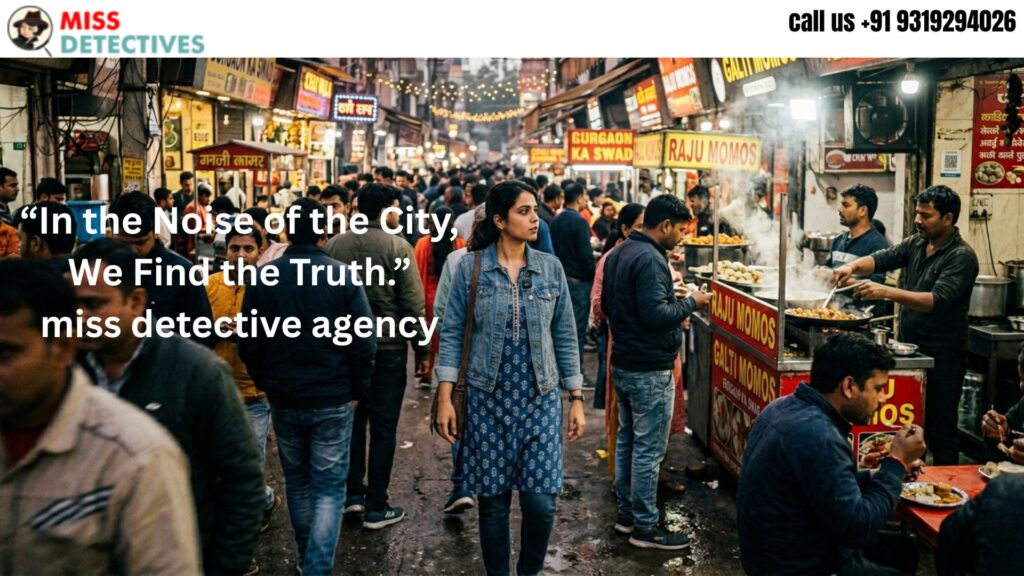 Indian female detective walking discreetly through a crowded Gurgaon street market while conducting surveillance for Miss Detective Agency amid busy food stalls and city crowds.
