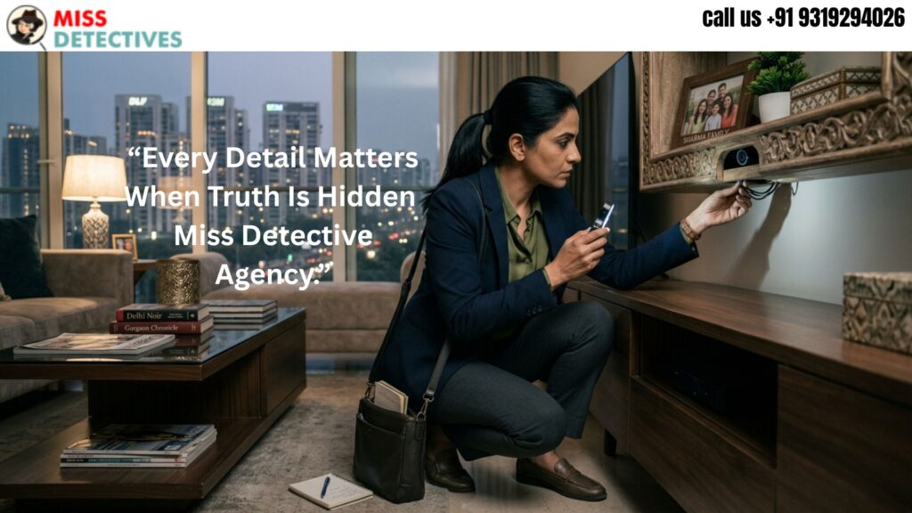 Professional Indian female detective inspecting a hidden surveillance device inside a modern Gurgaon apartment while conducting a confidential investigation for Miss Detective Agency.