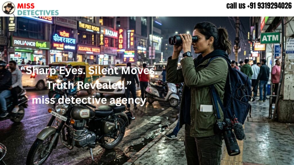 Indian female private detective using binoculars for night surveillance on a busy Gurgaon street while carrying investigative equipment for Miss Detective Agency.