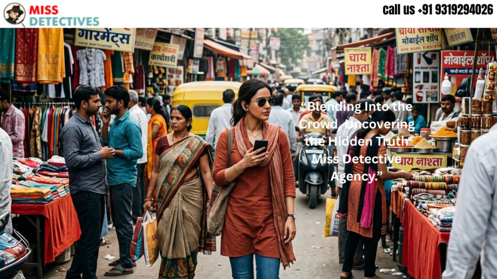 “Female private detective in casual attire blending into a busy Gurgaon market crowd, conducting discreet surveillance for Miss Detective Agency”