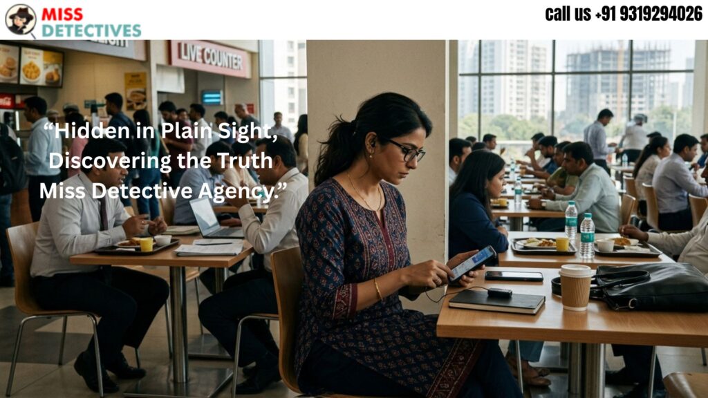 “Best Private Detective Services in Gurgaon by Miss Detective Agency featuring a female detective discreetly using her phone inside a busy cafeteria for confidential surveillance”