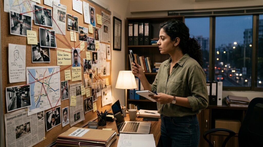 Private detective agency in Jaipur investigator analyzing evidence board in modern office during an active surveillance and crime investigation case.