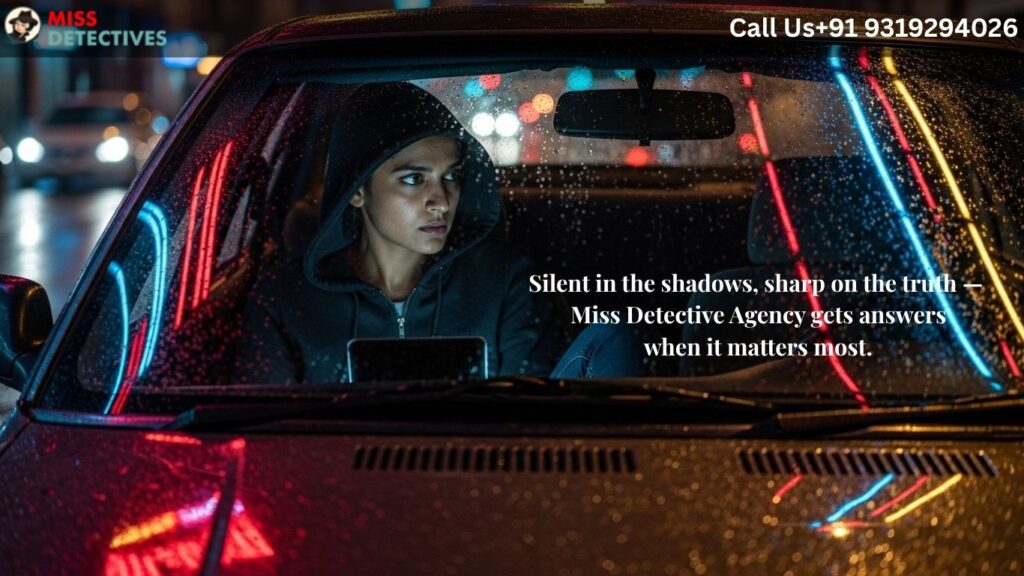 Private detective in Bangalore conducting covert night surveillance from inside a car, monitoring surroundings discreetly in a rain-soaked urban setting.