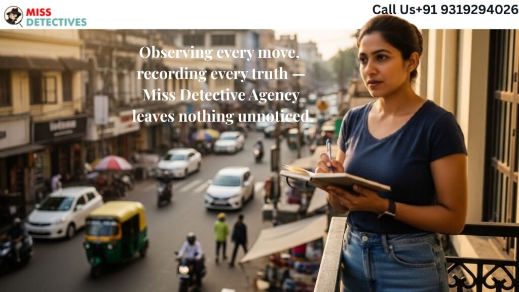 Private detective in Bangalore observing a busy city street while taking notes from a balcony, representing professional surveillance and investigative services.