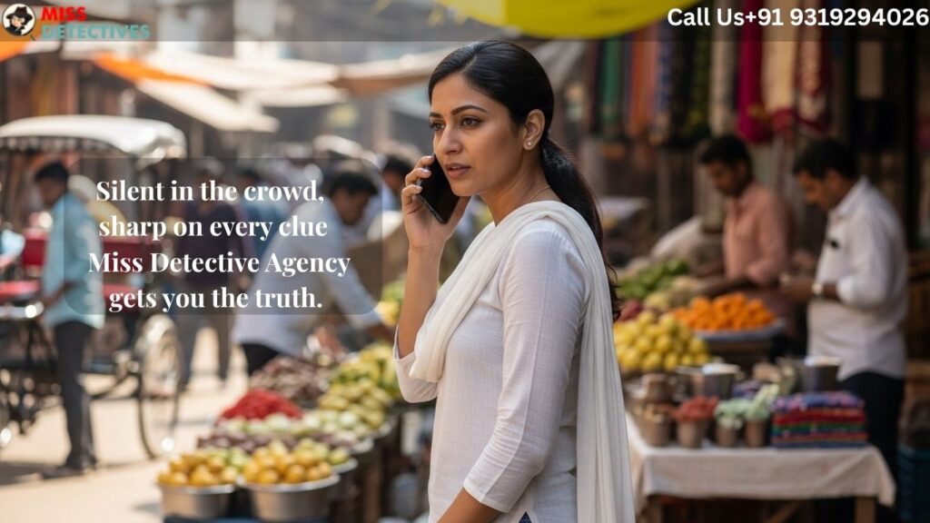 Private detective in Bangalore speaking on a phone while blending into a busy local market, conducting discreet surveillance and gathering information.