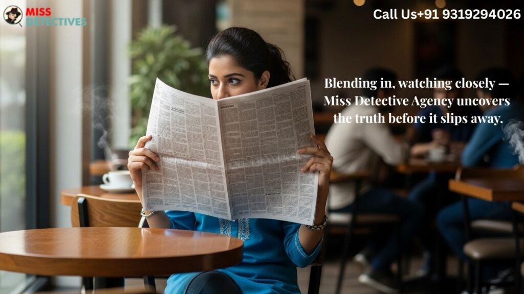 Private detective in Bangalore reading a newspaper in a café while discreetly observing surroundings, representing undercover surveillance and investigation services.