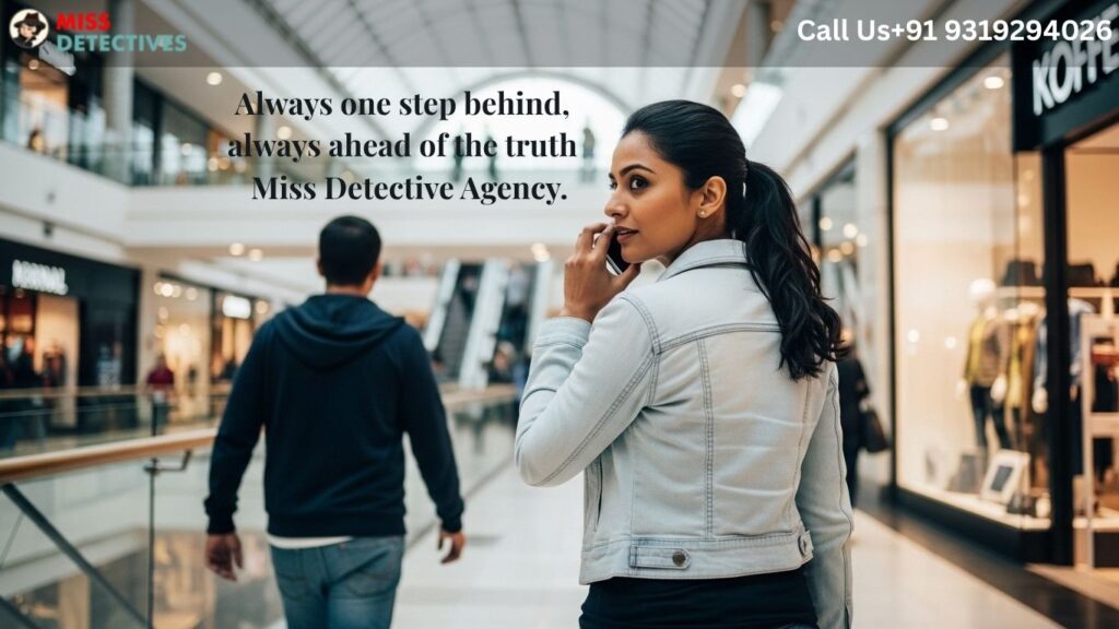 Private detective in Bangalore following a suspect inside a shopping mall while discreetly communicating, showcasing professional surveillance and investigative expertise.