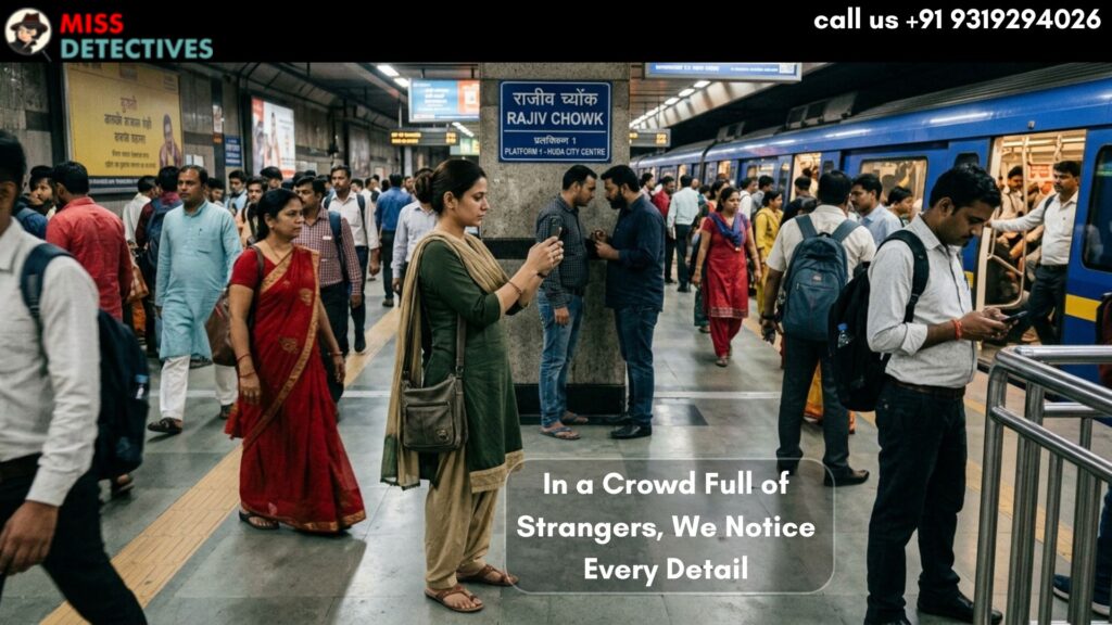 Indian female private detective standing at Rajiv Chowk Metro Station in Delhi, discreetly taking photos on her phone during a public surveillance investigation.