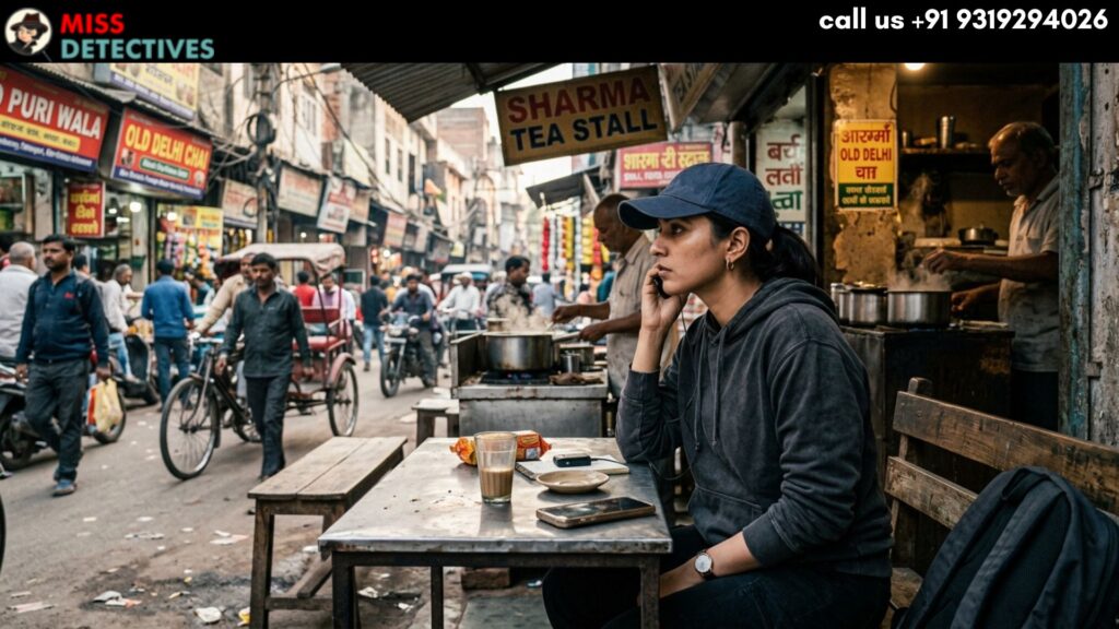 Miss Detective Agency operative conducting discreet surveillance at a busy Delhi market – trusted private detective agency in Delhi for confidential investigation services.