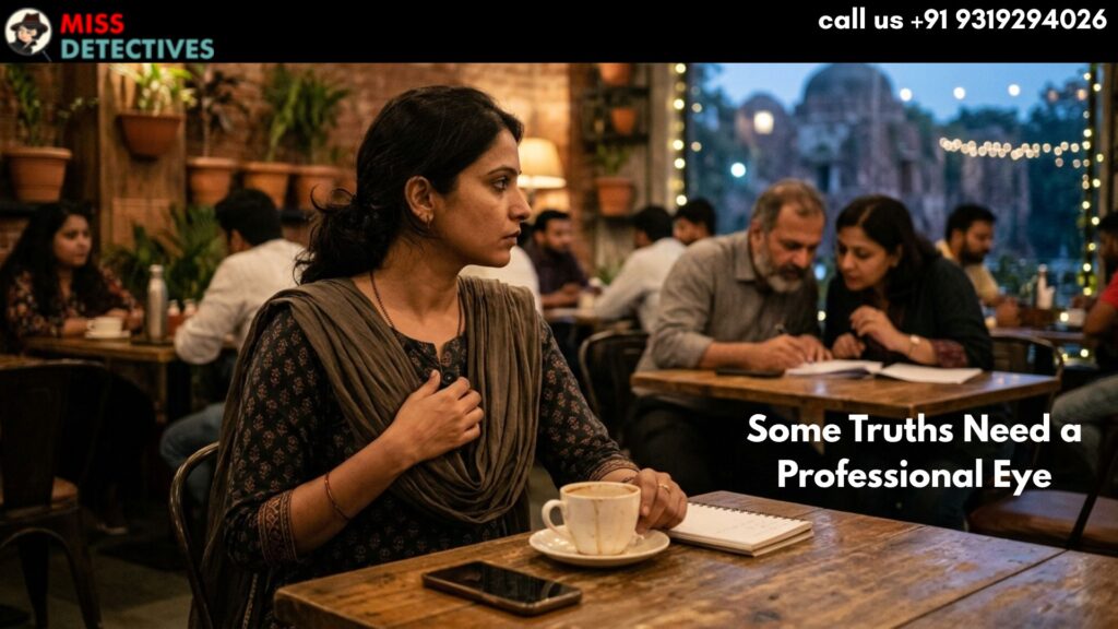 Indian woman private detective sitting in a Delhi café, secretly observing suspects while taking notes during an undercover investigation for Miss Detective Agency.