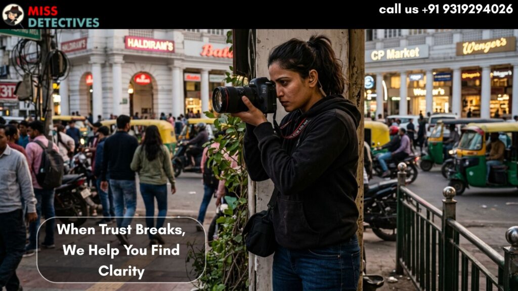 Female private detective conducting street surveillance in Connaught Place, Delhi, using a professional camera to capture evidence during an undercover investigation.