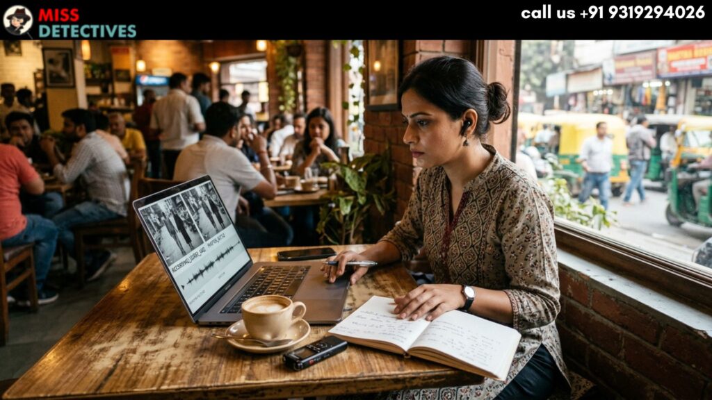 Miss Detective Agency investigator analyzing surveillance data in a café setting – reliable private detective agency in Delhi offering discreet and professional investigation services.