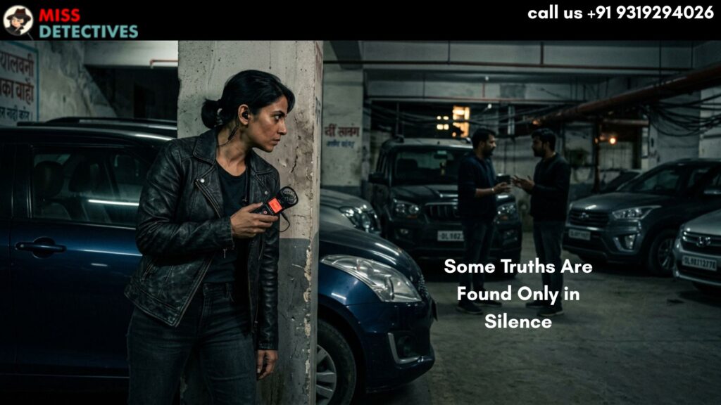 Indian female private detective hiding behind a pillar in a parking garage while secretly recording suspects during a covert investigation in Delhi.