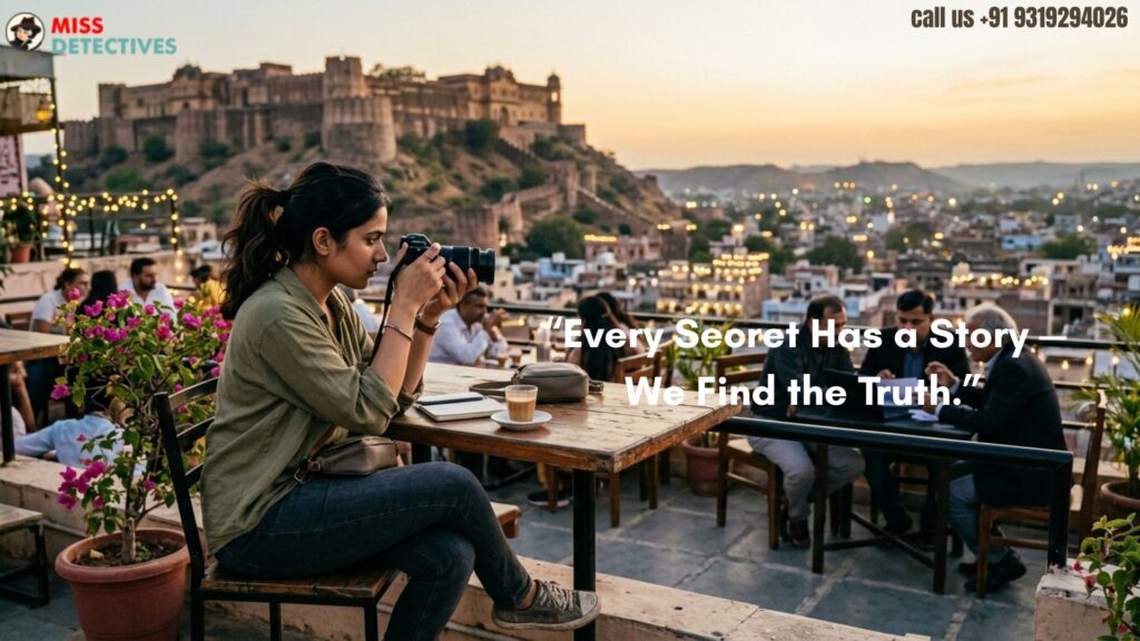 Private detective agency in Jaipur by Miss Detective Agency, showing a female investigator observing the cityscape and fort view from a rooftop café at sunset.