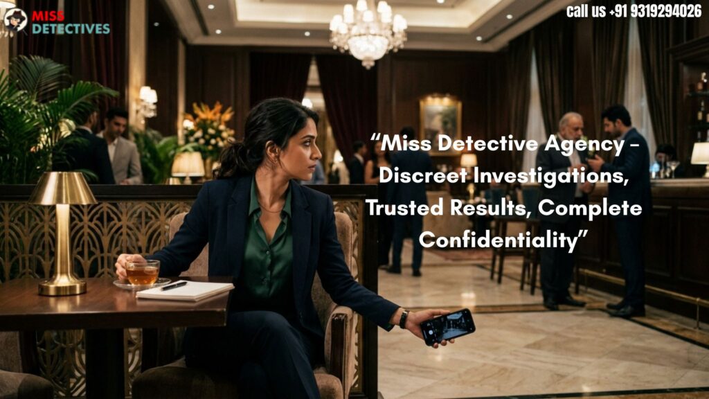 Private detective agency in Jaipur female investigator conducting discreet surveillance in a luxury hotel lounge during a confidential investigation.