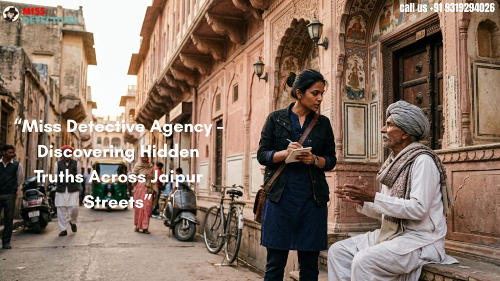 Private detective agency in Jaipur female investigator gathering information from local witness in a historic Jaipur street during an active investigation.